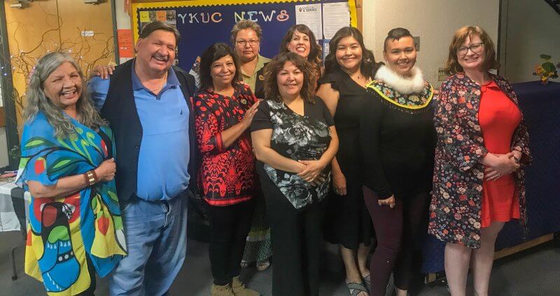 Shelley Wiart is pictured with her digital story co-creators and supporters. L-R: Elder Gail Cyr, Wiart's father Bill Enge, Beatrice Harper, Maxine Desjarlais, Wiart, Dorothy Weyallon, Tanya Roach, and Dr. Janelle Baker.