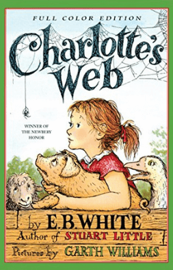 Illustration of a girl with a pig in her arms. Next to her there is a duck and a sheep. At the top the text says Charlotte's web and there is a spider hanging off the 'C'