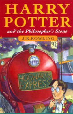 Book cover - title says Harry Potter and the Philosopher's Stone by J.K Rowling. The image depicts a train that has a sign on the front saying 
