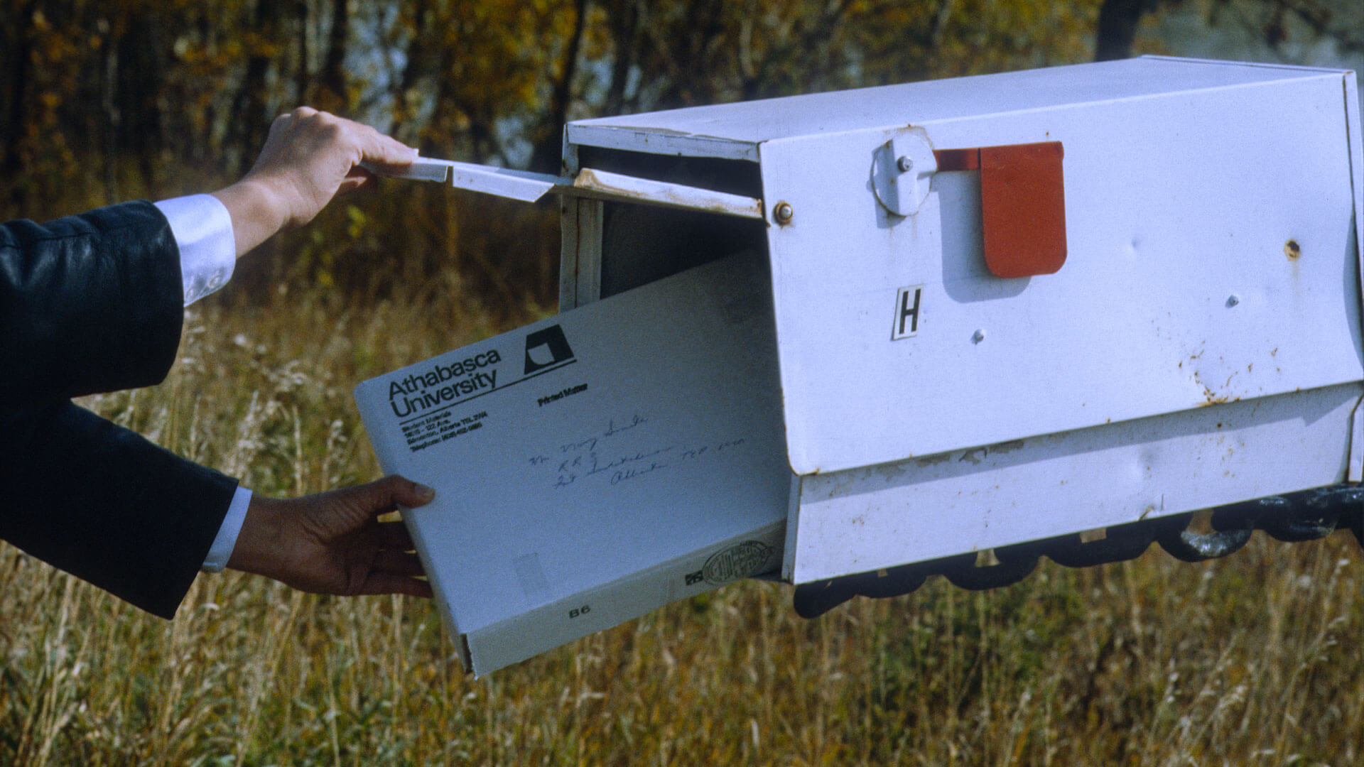 a hand removing a package from a mailbox