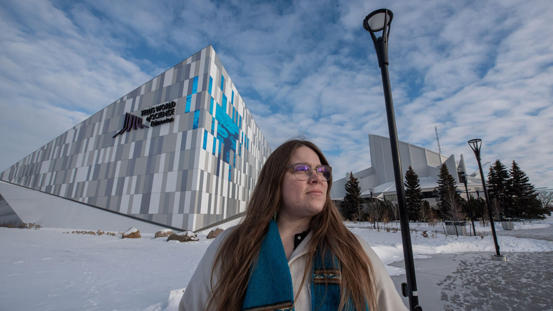 Natasha Donahue in front of the TELUS World of Science in Edmonton