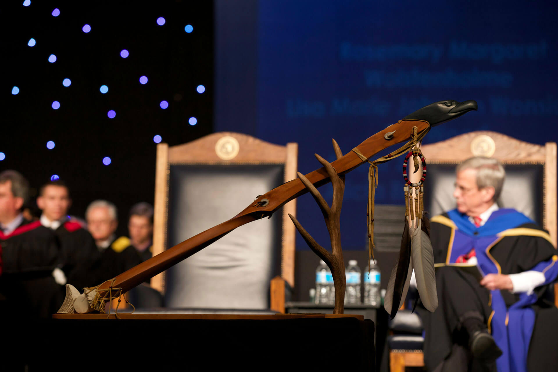 The Athabasca University Mace is displayed prominently at every convocation.