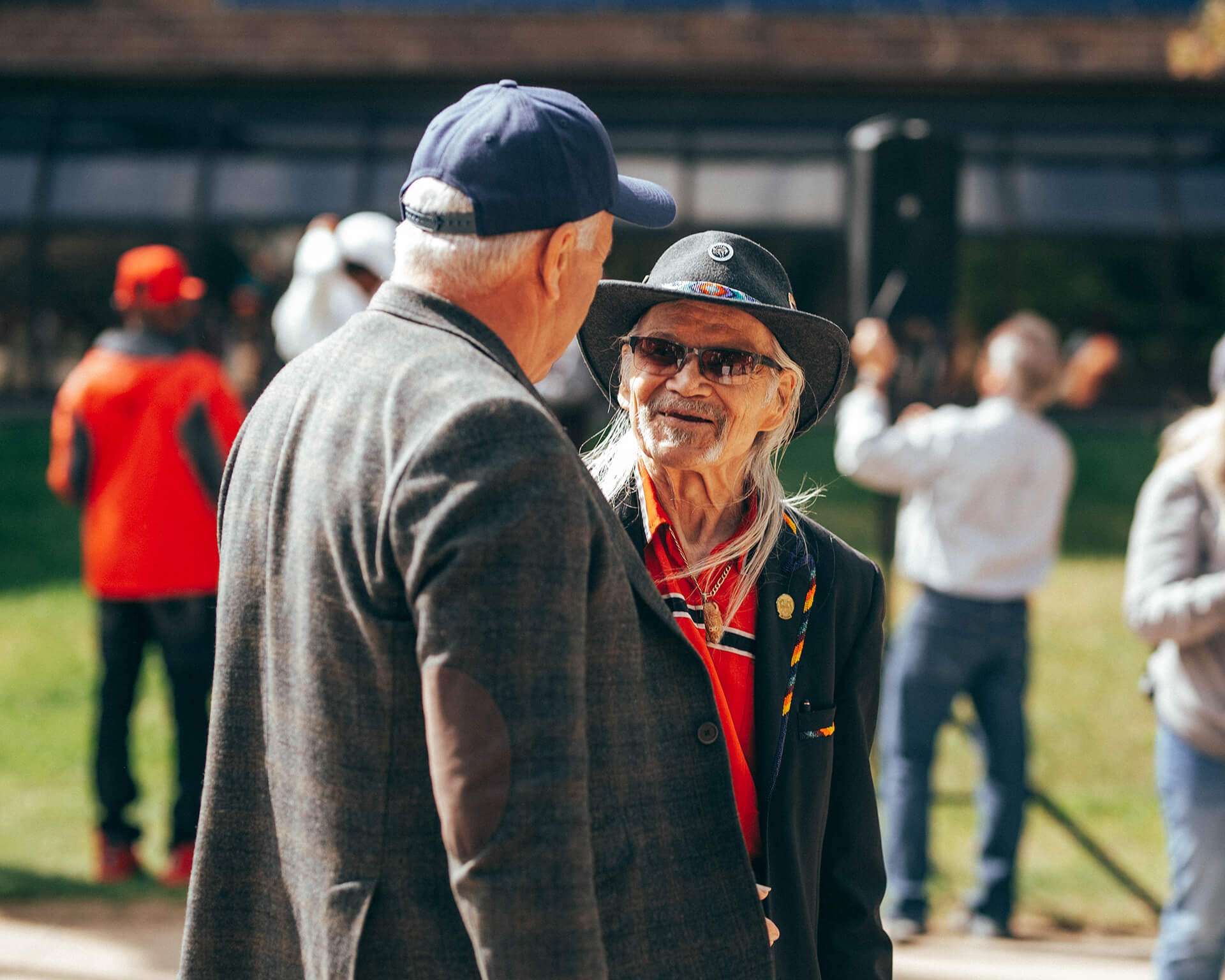 Métis Elder Terry Lusty (right) chats with Athabasca Mayor Rob Balay
