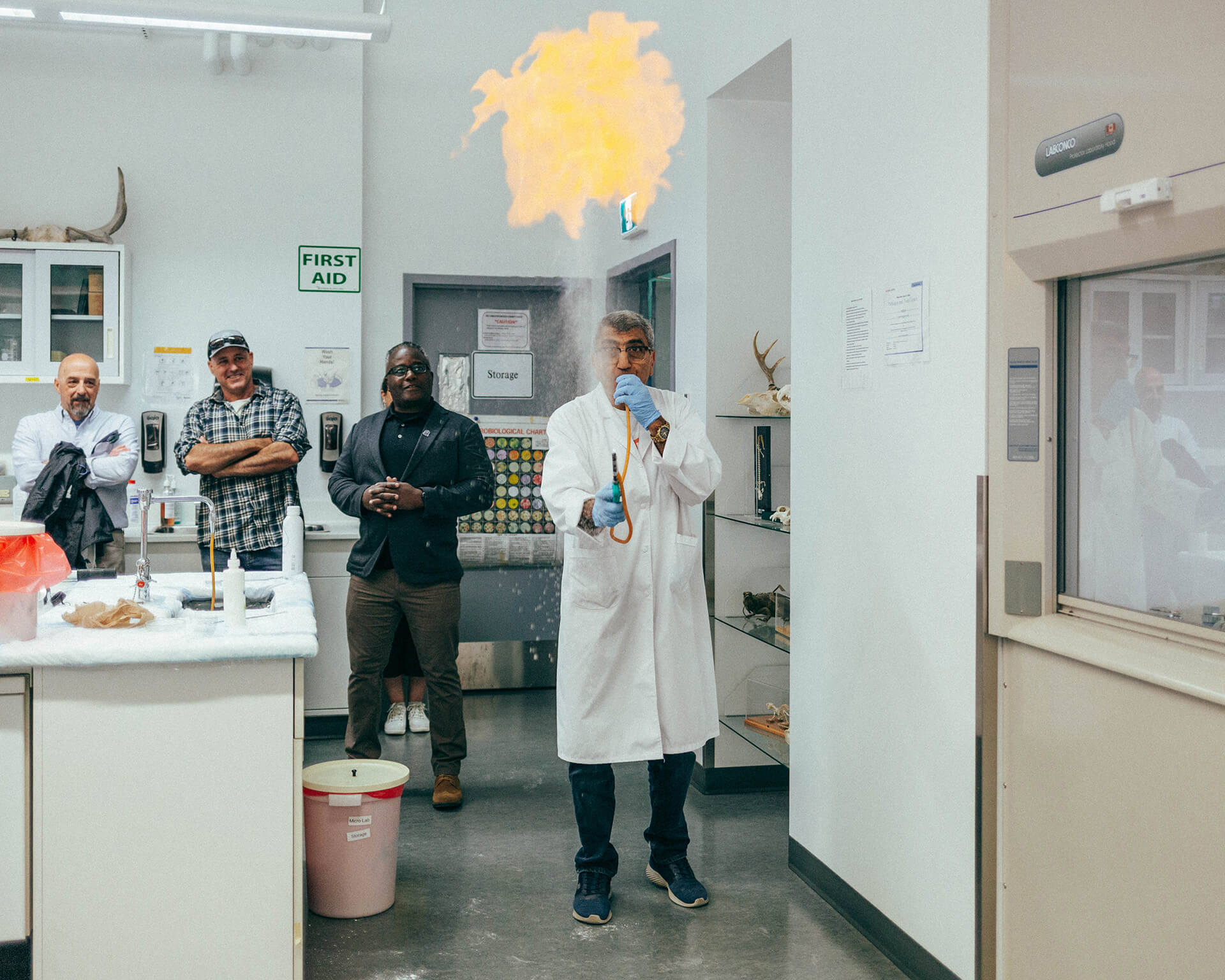 a fiery science demonstration inside labs at Athabasca University