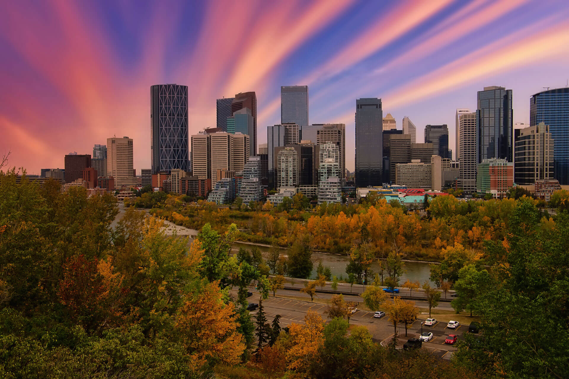 downtown Calgary skyline with a chinook cloud sunrise